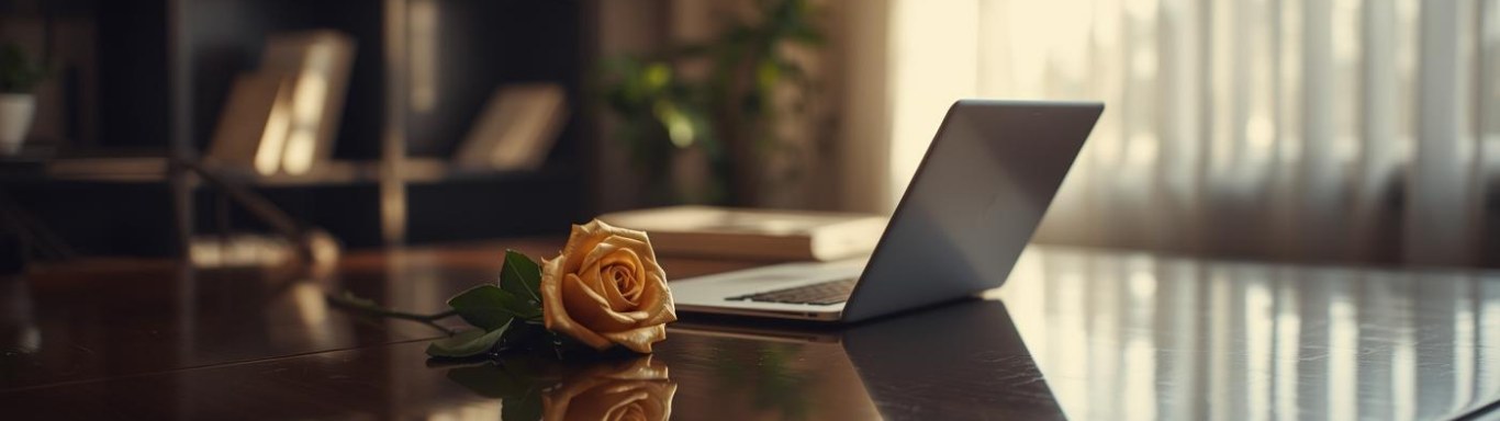 Laptop and gold rose on a polished desk