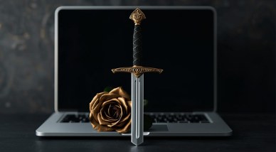 Laptop with sword and gold rose